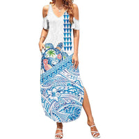 Hawaiian Abstract Sea Turtle Family Matching Summer Maxi Dress and Hawaiian Shirt Polynesian Tapa Art and Kakau Tattoo White WaterColor - Polynesian Pride