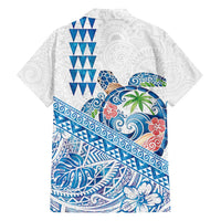 Hawaiian Abstract Sea Turtle Family Matching Tank Maxi Dress and Hawaiian Shirt Polynesian Tapa Art and Kakau Tattoo White WaterColor - Polynesian Pride