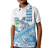 Hawaiian Abstract Sea Turtle Kid Polo Shirt Polynesian Tapa Art and Kakau Tattoo White WaterColor - Polynesian Pride