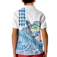 Hawaiian Abstract Sea Turtle Kid Polo Shirt Polynesian Tapa Art and Kakau Tattoo White WaterColor - Polynesian Pride