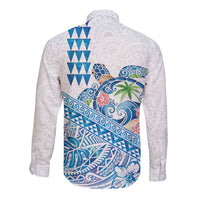 Hawaiian Abstract Sea Turtle Long Sleeve Button Shirt Polynesian Tapa Art and Kakau Tattoo White WaterColor - Polynesian Pride