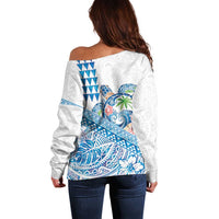 Hawaiian Abstract Sea Turtle Off Shoulder Sweater Polynesian Tapa Art and Kakau Tattoo White WaterColor - Polynesian Pride