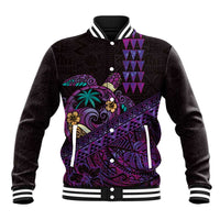 Hawaiian Abstract Sea Turtle Baseball Jacket Polynesian Tapa Art and Kakau Tattoo Purple WaterColor - Polynesian Pride