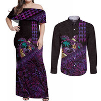 Hawaiian Abstract Sea Turtle Couples Matching Off Shoulder Maxi Dress and Long Sleeve Button Shirt Polynesian Tapa Art and Kakau Tattoo Purple WaterColor - Polynesian Pride