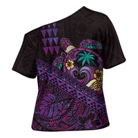 Hawaiian Abstract Sea Turtle Cross Shoulder Shirt Polynesian Tapa Art and Kakau Tattoo Purple WaterColor - Polynesian Pride