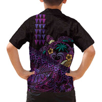 Hawaiian Abstract Sea Turtle Family Matching Off The Shoulder Long Sleeve Dress and Hawaiian Shirt Polynesian Tapa Art and Kakau Tattoo Purple WaterColor - Polynesian Pride