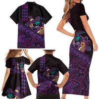 Hawaiian Abstract Sea Turtle Family Matching Short Sleeve Bodycon Dress and Hawaiian Shirt Polynesian Tapa Art and Kakau Tattoo Purple WaterColor - Polynesian Pride
