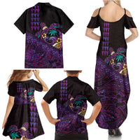 Hawaiian Abstract Sea Turtle Family Matching Summer Maxi Dress and Hawaiian Shirt Polynesian Tapa Art and Kakau Tattoo Purple WaterColor - Polynesian Pride