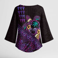 Hawaiian Abstract Sea Turtle Kimono Sleeve Blouse Polynesian Tapa Art and Kakau Tattoo Purple WaterColor - Polynesian Pride