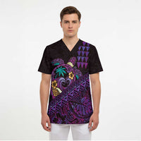 Hawaiian Abstract Sea Turtle Scrub Top Polynesian Tapa Art and Kakau Tattoo Purple WaterColor - Polynesian Pride