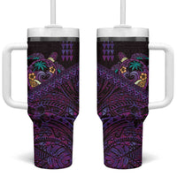 Hawaiian Abstract Sea Turtle Tumbler With Handle Polynesian Tapa Art and Kakau Tattoo Purple WaterColor - Polynesian Pride