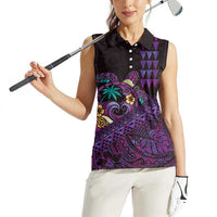 Hawaiian Abstract Sea Turtle Women Sleeveless Polo Shirt Polynesian Tapa Art and Kakau Tattoo Purple WaterColor - Polynesian Pride