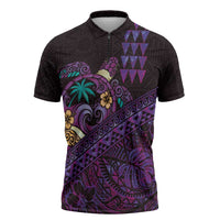 Hawaiian Abstract Sea Turtle Zipper Polo Shirt Polynesian Tapa Art and Kakau Tattoo Purple WaterColor - Polynesian Pride