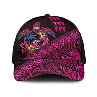Hawaiian Abstract Sea Turtle Baseball Net Cap Polynesian Tapa Art and Kakau Tattoo Pink WaterColor LT03 One Size Black Black - Polynesian Pride