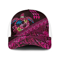Hawaiian Abstract Sea Turtle Baseball Net Cap Polynesian Tapa Art and Kakau Tattoo Pink WaterColor LT03 One Size White Black - Polynesian Pride