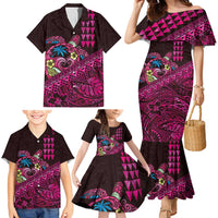 Hawaiian Abstract Sea Turtle Family Matching Mermaid Dress and Hawaiian Shirt Polynesian Tapa Art and Kakau Tattoo Pink WaterColor - Polynesian Pride