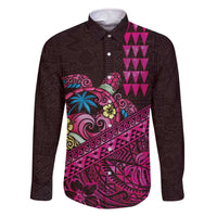 Hawaiian Abstract Sea Turtle Family Matching Off The Shoulder Long Sleeve Dress and Hawaiian Shirt Polynesian Tapa Art and Kakau Tattoo Pink WaterColor - Polynesian Pride