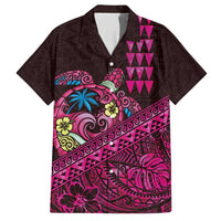 Hawaiian Abstract Sea Turtle Family Matching Off Shoulder Short Dress and Hawaiian Shirt Polynesian Tapa Art and Kakau Tattoo Pink WaterColor - Polynesian Pride