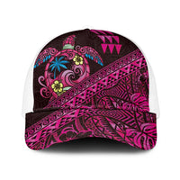 Hawaiian Abstract Sea Turtle Mesh Trucker Cap Polynesian Tapa Art and Kakau Tattoo Pink WaterColor LT03 One Size White Black - Polynesian Pride