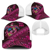 Hawaiian Abstract Sea Turtle Mesh Trucker Cap Polynesian Tapa Art and Kakau Tattoo Pink WaterColor LT03 - Polynesian Pride