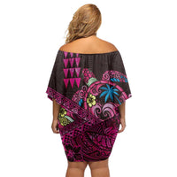 Hawaiian Abstract Sea Turtle Off Shoulder Short Dress Polynesian Tapa Art and Kakau Tattoo Pink WaterColor - Polynesian Pride
