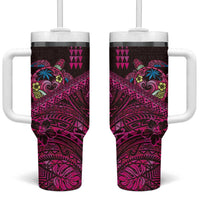 Hawaiian Abstract Sea Turtle Tumbler With Handle Polynesian Tapa Art and Kakau Tattoo Pink WaterColor - Polynesian Pride
