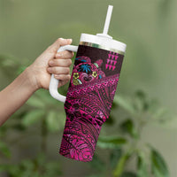 Hawaiian Abstract Sea Turtle Tumbler With Handle Polynesian Tapa Art and Kakau Tattoo Pink WaterColor - Polynesian Pride