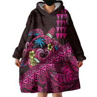 Hawaiian Abstract Sea Turtle Wearable Blanket Hoodie Polynesian Tapa Art and Kakau Tattoo Pink WaterColor - Polynesian Pride