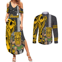 Hawaii Island Couples Matching Summer Maxi Dress and Long Sleeve Button Shirts Hawaiian Warrior and Kakau Symbols Abstract Tattoo LT03 Yellow - Polynesian Pride