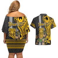 Custom Hawaii Island Couples Matching Off Shoulder Short Dress and Hawaiian Shirt Hawaiian Warrior and Kakau Symbols Abstract Tattoo LT03 - Polynesian Pride