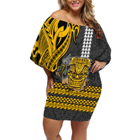 Custom Hawaii Island Family Matching Off Shoulder Short Dress and Hawaiian Shirt Hawaiian Warrior and Kakau Symbols Abstract Tattoo LT03 Mom's Dress Yellow - Polynesian Pride