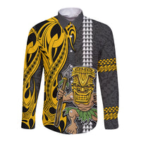 Custom Hawaii Island Long Sleeve Button Shirt Hawaiian Warrior and Kakau Symbols Abstract Tattoo LT03 Unisex Yellow - Polynesian Pride