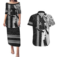Hawaii Island Couples Matching Puletasi Dress and Hawaiian Shirt Hawaiian King and Kakau Symbols Abstract Shoulder Tattoo LT03 Black - Polynesian Pride