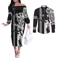 Custom Hawaii Island Couples Matching Off The Shoulder Long Sleeve Dress and Long Sleeve Button Shirts Hawaiian King and Kakau Symbols Abstract Shoulder Tattoo LT03 Black - Polynesian Pride