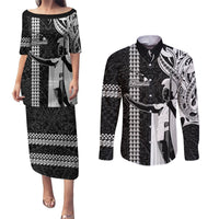 Custom Hawaii Island Couples Matching Puletasi Dress and Long Sleeve Button Shirts Hawaiian King and Kakau Symbols Abstract Shoulder Tattoo LT03 Black - Polynesian Pride