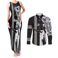 Custom Hawaii Island Couples Matching Tank Maxi Dress and Long Sleeve Button Shirts Hawaiian King and Kakau Symbols Abstract Shoulder Tattoo LT03 Black - Polynesian Pride