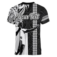 Custom Hawaii Island Women V Neck T Shirt Hawaiian King and Kakau Symbols Abstract Shoulder Tattoo LT03 - Polynesian Pride