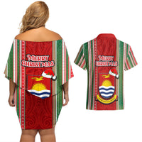 Kiribati Christmas Couples Matching Off Shoulder Short Dress and Hawaiian Shirt Santa With Gift Bag Behind Ribbons Seamless Red Maori LT03 - Polynesian Pride