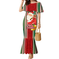 Kiribati Christmas Family Matching Mermaid Dress and Hawaiian Shirt Santa With Gift Bag Behind Ribbons Seamless Red Maori LT03 Mom's Dress Red - Polynesian Pride