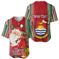 Custom Kiribati Christmas Baseball Jersey Santa With Gift Bag Behind Ribbons Seamless Red Maori LT03 - Polynesian Pride
