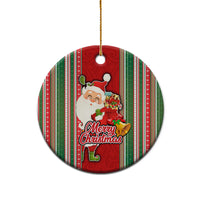 Custom Kiribati Christmas Ceramic Ornament Santa With Gift Bag Behind Ribbons Seamless Red Maori LT03 - Polynesian Pride
