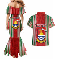 Custom Kiribati Christmas Couples Matching Mermaid Dress and Hawaiian Shirt Santa With Gift Bag Behind Ribbons Seamless Red Maori LT03 - Polynesian Pride