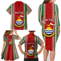 Custom Kiribati Christmas Family Matching Long Sleeve Bodycon Dress and Hawaiian Shirt Santa With Gift Bag Behind Ribbons Seamless Red Maori LT03 - Polynesian Pride