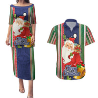 Kiribati Christmas Couples Matching Puletasi Dress and Hawaiian Shirt Santa With Gift Bag Behind Ribbons Seamless Blue Maori LT03 Blue - Polynesian Pride