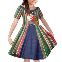 Kiribati Christmas Family Matching Summer Maxi Dress and Hawaiian Shirt Santa With Gift Bag Behind Ribbons Seamless Blue Maori LT03 Daughter's Dress Blue - Polynesian Pride