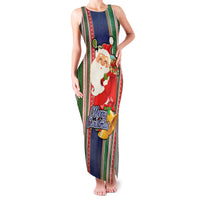 Kiribati Christmas Family Matching Tank Maxi Dress and Hawaiian Shirt Santa With Gift Bag Behind Ribbons Seamless Blue Maori LT03 Mom's Dress Blue - Polynesian Pride