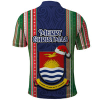 Kiribati Christmas Polo Shirt Santa With Gift Bag Behind Ribbons Seamless Blue Maori LT03 - Polynesian Pride