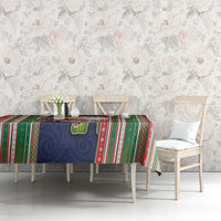 Custom Kiribati Christmas Tablecloth Santa With Gift Bag Behind Ribbons Seamless Blue Maori LT03 - Polynesian Pride