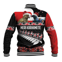 New Zealand Meri Kirihimete Baseball Jacket Christmas Tui Bird and Kea Bird - Haka Santa with Maori Koru Art Pattern