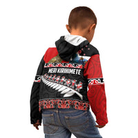 New Zealand Meri Kirihimete Kid Hoodie Christmas Tui Bird and Kea Bird - Haka Santa with Maori Koru Art Pattern